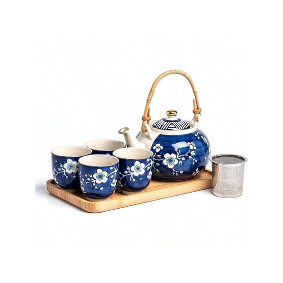Japanese Tea Set, 25 Oz Ceramic Tea Sets With Teapot And Cup Set For 4, Blue And White Tea Sets For Adults With Removable Stainless Infuser And Bamboo Tray, Tea Gifts Set For Tea Lovers