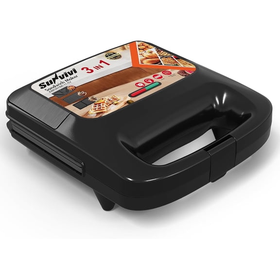 Mintazer 3 in 1 Sandwich Maker, Waffle Iron & Panini Press with Removable Non-Stick Plates, 800W Dual-Sided Heating, Cool Touch Handle, Indicator Lights for Breakfast, Black
