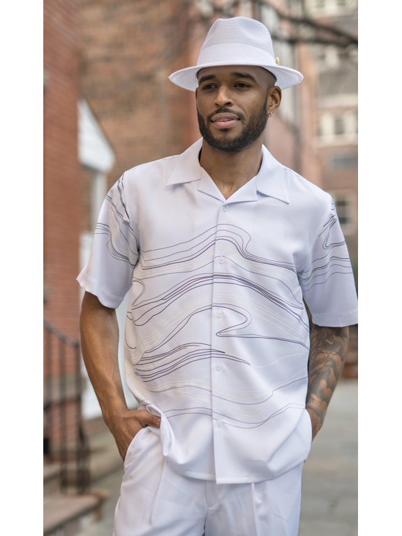 Men's 2 Piece Short Sleeve Walking Suit Solid Wave Print in White - 2093