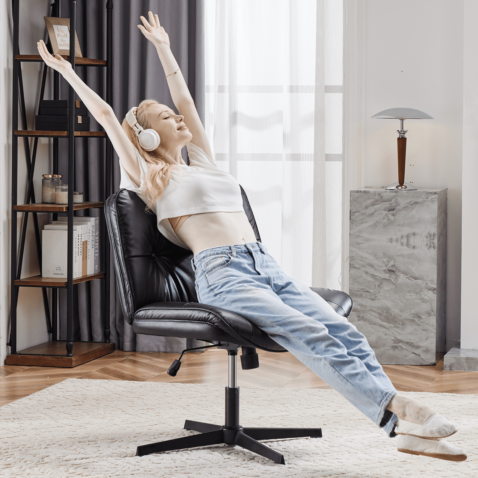MAYEERTY Criss Cross Legged Chair, Armless Office Desk Wide Seat No Wheels, Swivel Height Adjustable Comfy
