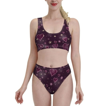 Bixox Snowflakes and Hearts Pattern Two-Piece Sports Bikini with U-Shaped Top and High-Waist Bottom - Women s Swimwear with Removable Bra Pads