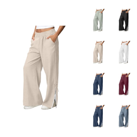 Sweatpants for Women 2026 Spring Fall Elastic Waist Wide Leg Lace Side Split Hem Casual Loose Sweat Pants with Pockets
