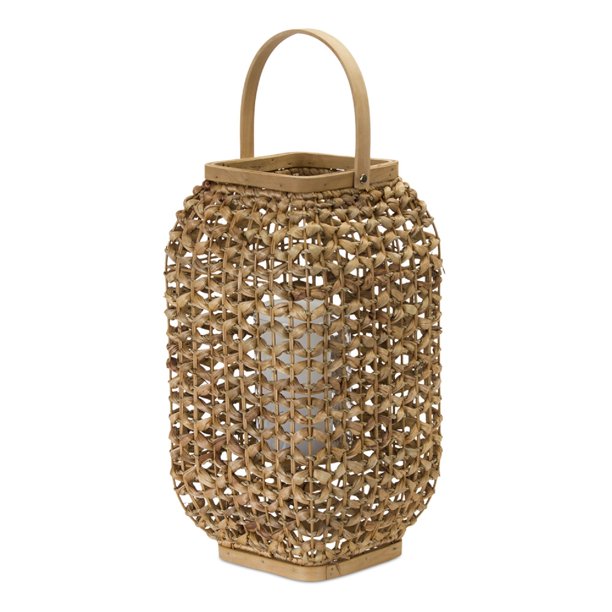 Set of 3 Beige Wicker Glass Candle Lantern 16"