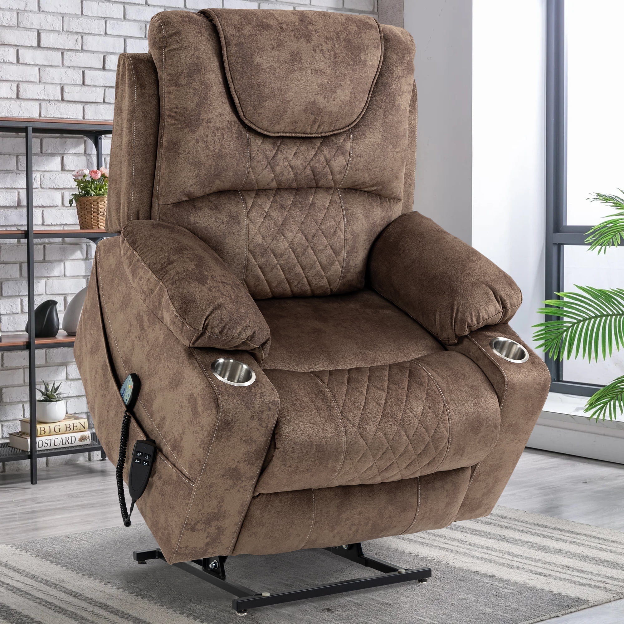 LEGAHOME Large Lift Chair with Heated and Massage Functions, Extended Fabric Lift Recliner Relax Sofa with 2 Remotes and 2 Cup Holders, Oversize Electric Power Lounge Chiar for Elderly Big Men, Brown