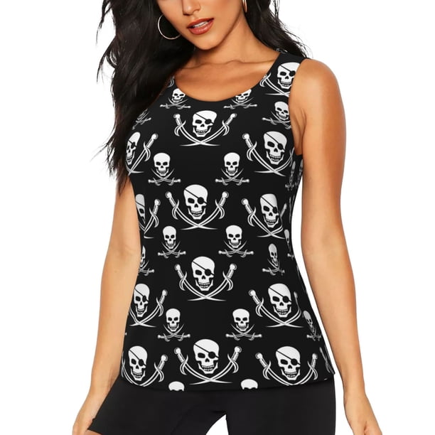 Balery Pirate skulls Camiseta sin mangas estampada ligera para mujer, tops de entrenamiento sin mangas, camisetas de yoga transpirables de secado rápido.-Large