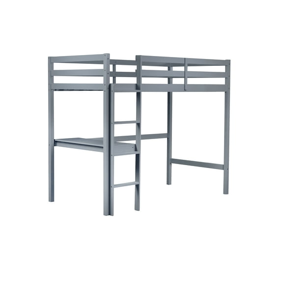 Twin High Loft Bed, Wood, Guardrail, Built-in Desk, Ladder, Grey