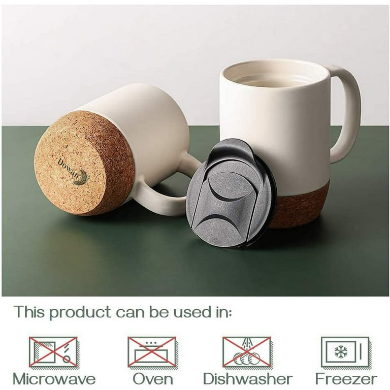 Aoibox 15 oz. Large Ceramic Coffee Mug with Cork Bottom and Spill Proof Lid, Set of 2, White