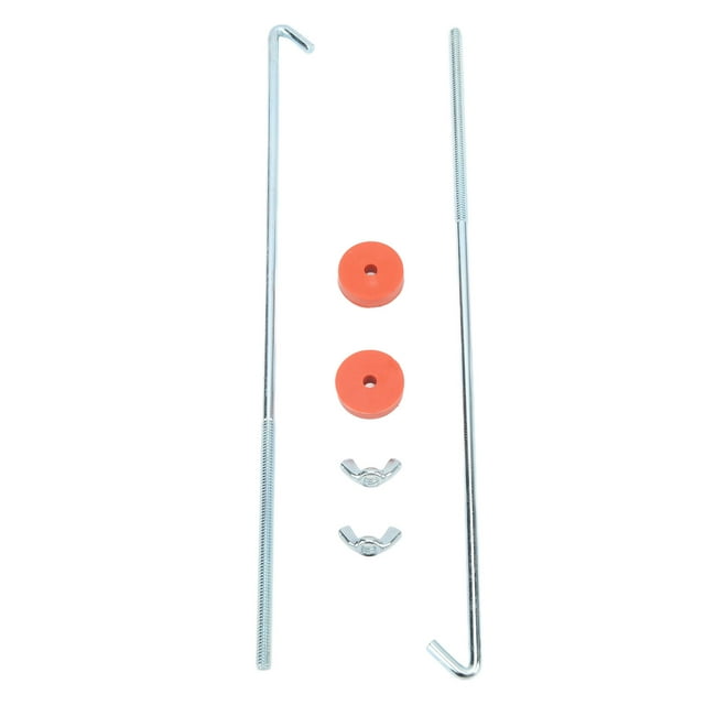 pernos de sujeción de batería soporte seguro para batería de coche gancho en j profesional resistente 12 pulgadas para vehículo Kit con dos pernos roscados tipo gancho en J universal de 12 pulgadas en aleación de aluminio y acero, dos arandelas aislantes naranjas y dos tuercas de mariposa en vista centrada sobre fondo blanco; suele usarse también para asegurar baterías en proyectos de taller.
