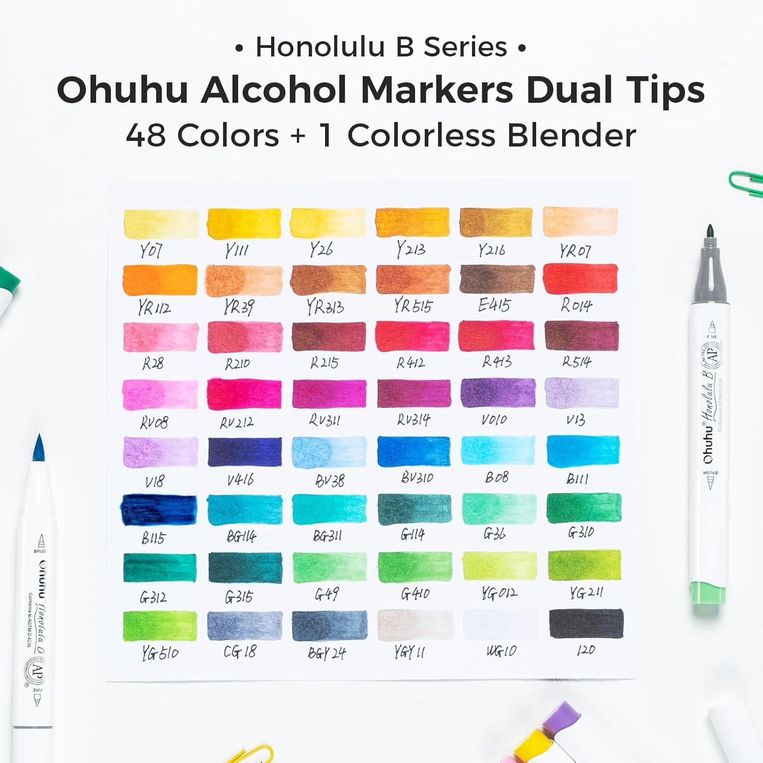 Ohuhu Alcohol Markers 48 Colors -Brush & Fine -Honolulu B -Refillable  for Artist Adults Coloring Illustration