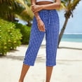 thumbnail image 4 of Gingham Capris for Women Petite Linen Cropped Pant Lightweight Dressy Casual Wide Leg Elastic Waist Summer Pull on Ladies Palazzo Capri Trouser with Pockets Blue L, 4 of 6