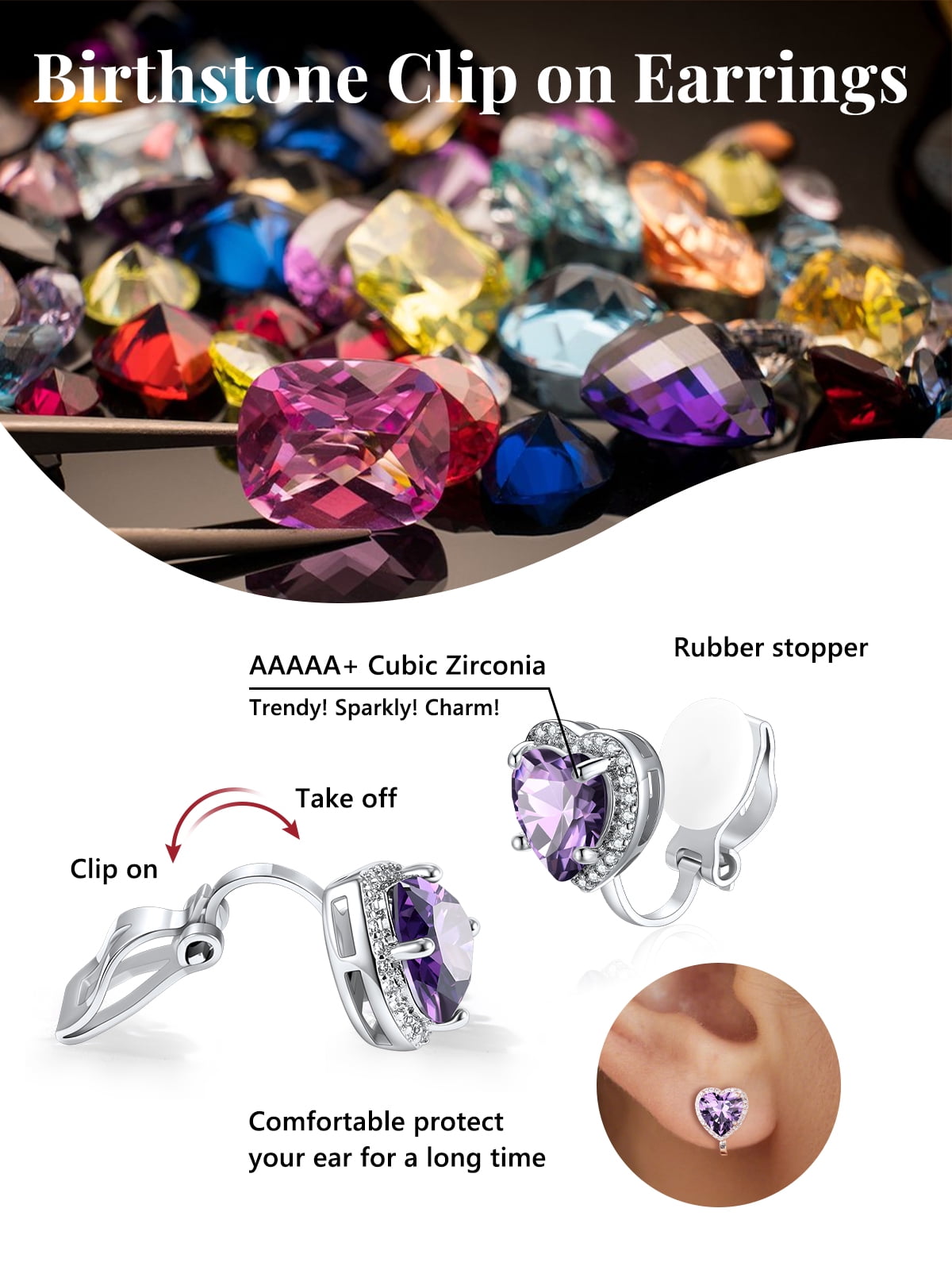 Silvora Clip on Earrings for Women February Amethyst Heart Birthstone Non Pierced Earring Jewelry Gift for Daughter Birthday Thanksgiving