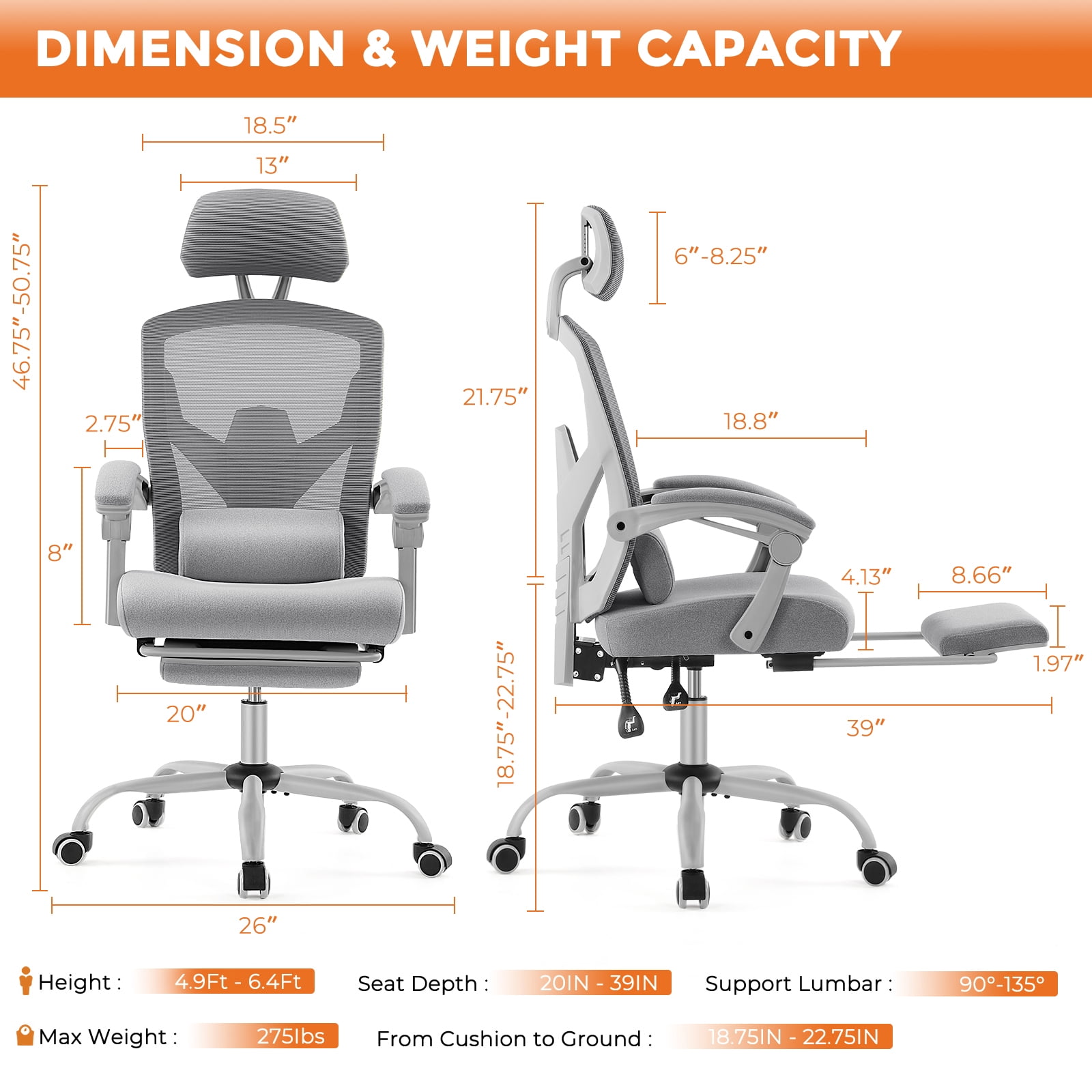 JOINSUN High Back Mesh Office Chair, Ergonomic Lumbar Support, Headrest, Footrest for Home, Gray