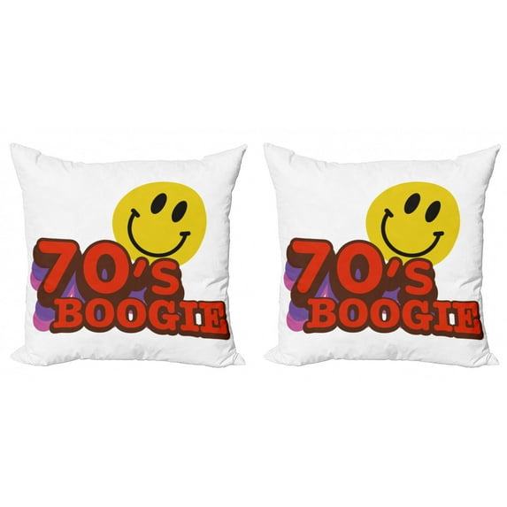 70s Party Throw Pillow Cushion Cover Pack of 2, Seventies Boogie Funny Smiling Emoticon Humorous Amusing Vibrant Print, Zippered Double-Side Digital Print, 4 Sizes, Yellow Red Purple, by Ambesonne