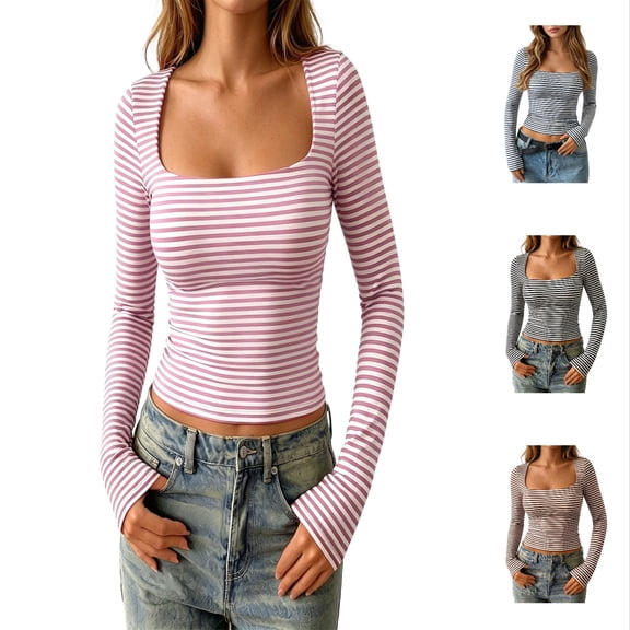 Arlun Striped Long Sleeve T Shirts for Women Square Neck Stretchy Tight Cropped Tops Casual Going out Basic Tee Lightweight Soft Comfort Versatile for Daily Wear 1-Pink XS