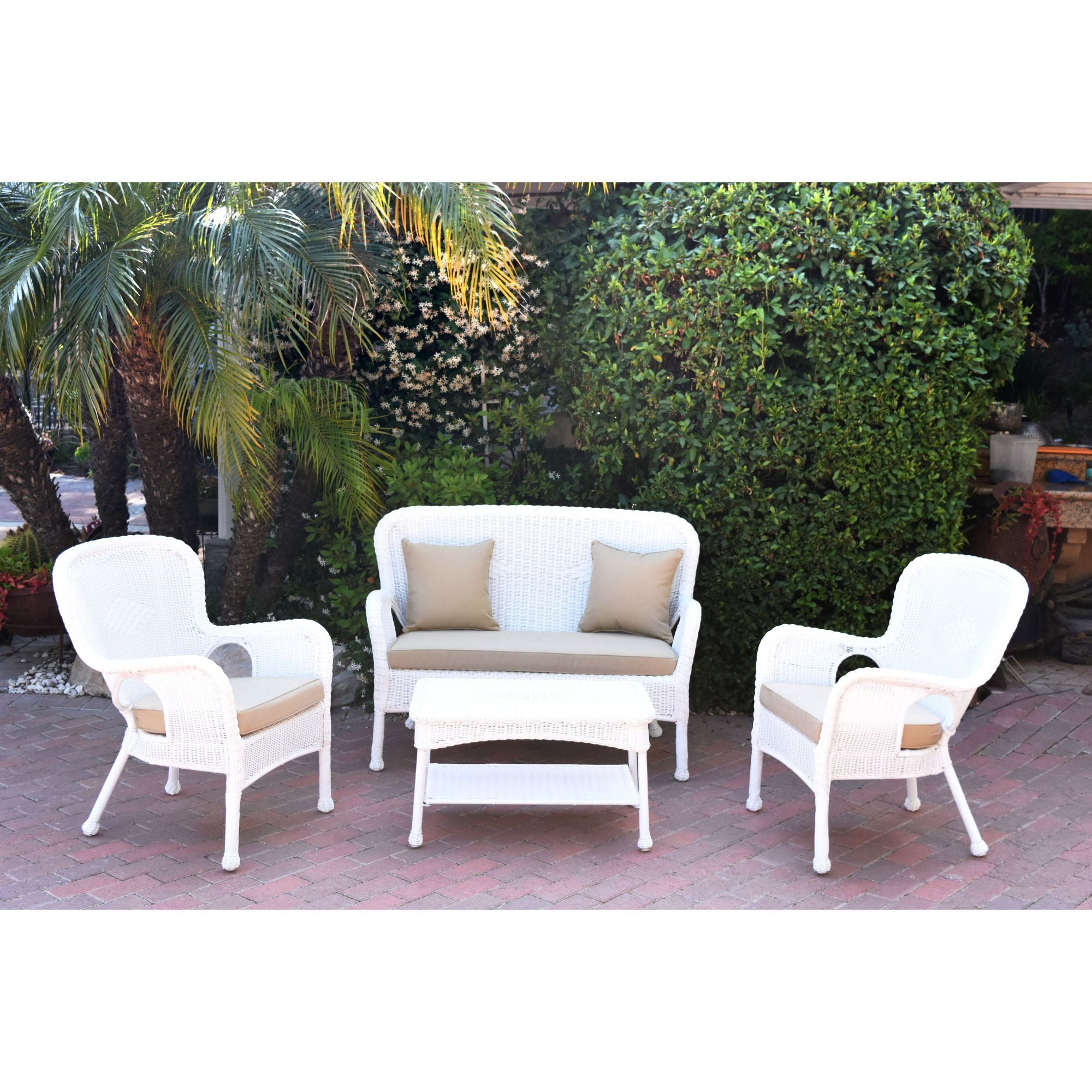 4-Piece White Wicker Outdoor Furniture Patio Conversation Set - Tan