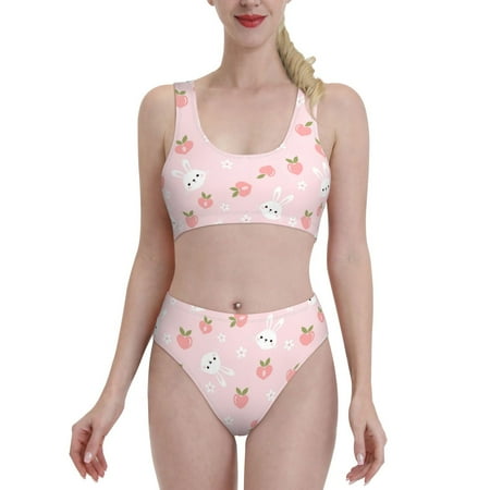 High Waisted Bikini Sets For Women  Cartoon Cute Rabbit Flower Pink Two Piece Swimsuit Sporty Scoop Neck Bathing Suit