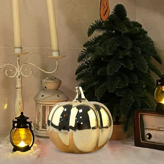 HmNPlay Gold Ceramic Pumpkin Statue 15cm - Artificial Halloween Thanksgiving Decor, Durable Resin Desktop Ornament with Heavy Sense, Reusable for Home Table Fall Decoration