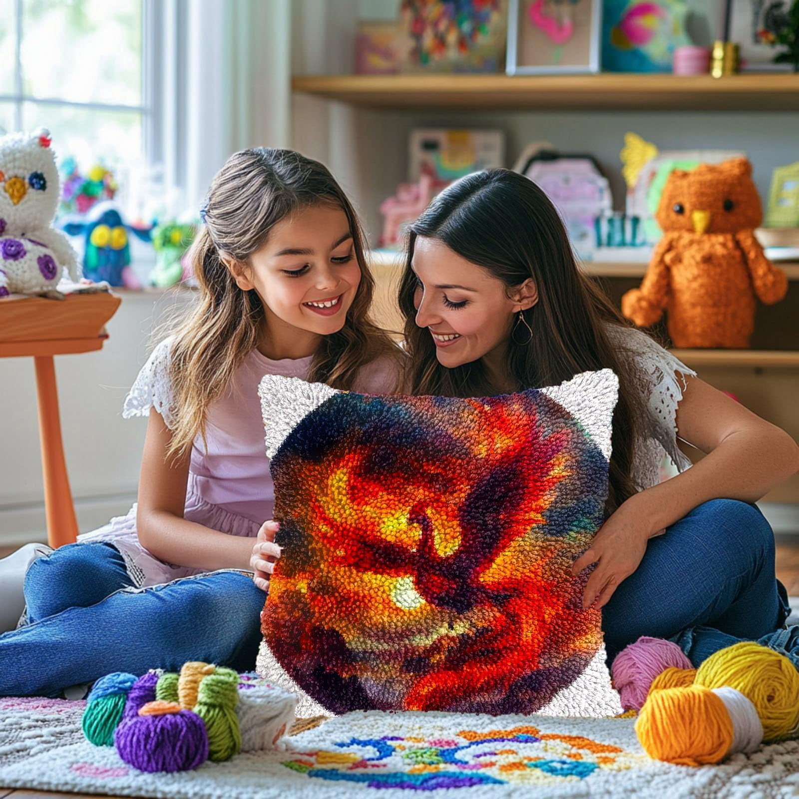 Red Bird Flying in Fire DIY Latch Hook Pillow Kits for Adults Printed Pillowcase Crochet Yarns Hooking Handmade Pillow Cover Cushion for Home Sofa Decoration 17x17inch(1)