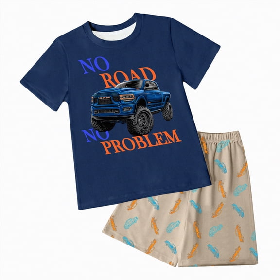 TOWED22 Baby Boy Summer Outfits 2 Pieces Short Sleeve Shirt Top Giraffe Graphic Elastic Waist Shorts Clothes(Navy,7-8 Y)