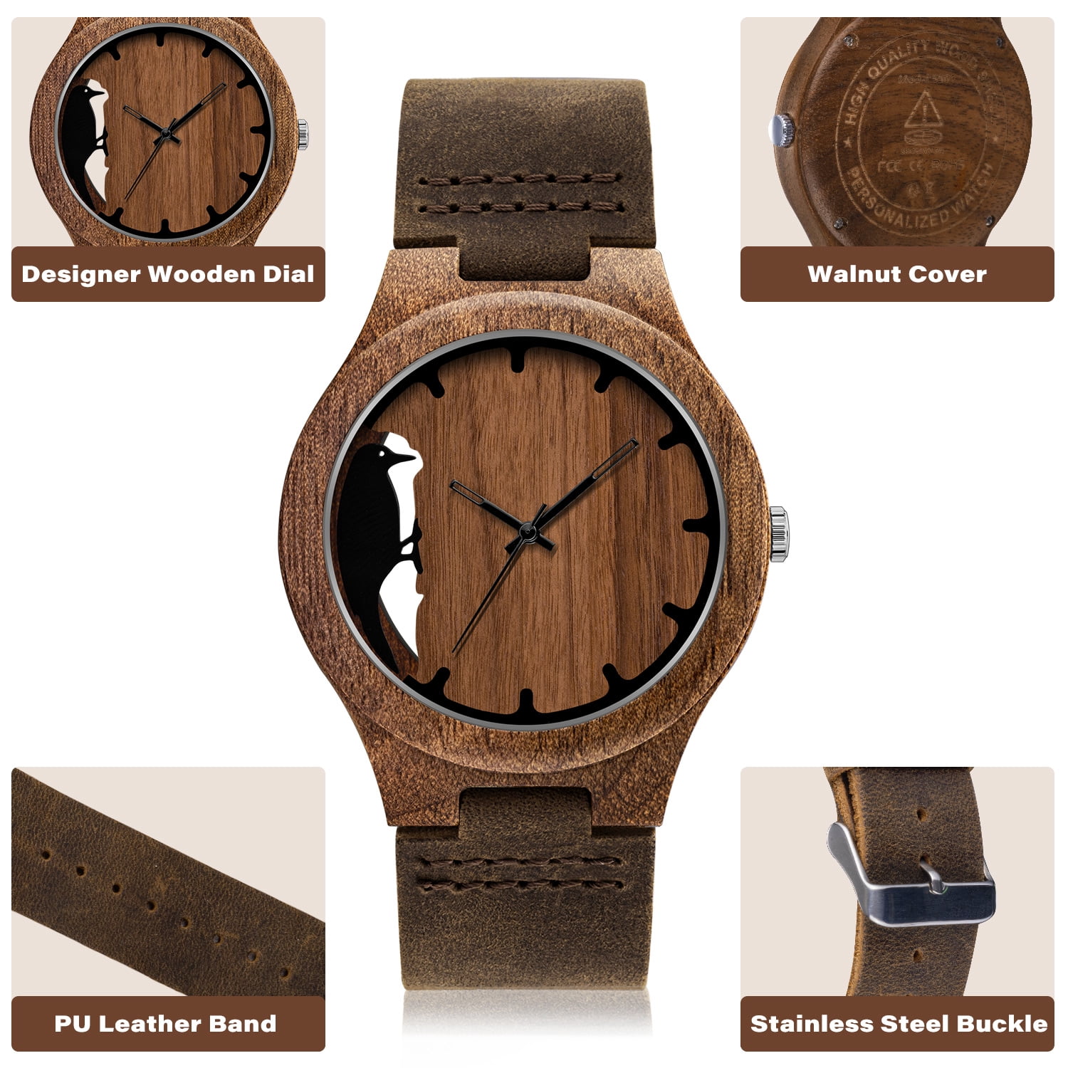 Wooden Watches for Men, Stylish Exotic Wrist Watch with Creative Dial Adjustable Stainless Steel Buckle, Leather Straps, Casual Watches for Man