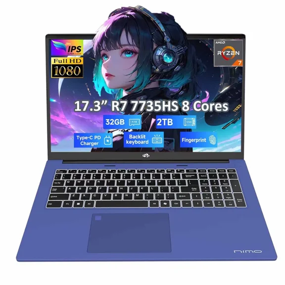 17.3" FHD Gaming Business Laptop, AMD Ryzen 7 7735HS (8C/16T, Beats i7-12650H) 32GB DDR5 RAM 2TB SSD Computer with Radeon 680M, 100W Type-C, WiFi-6E, 75Wh Battery, Fingerprint, Backlit Keyboard