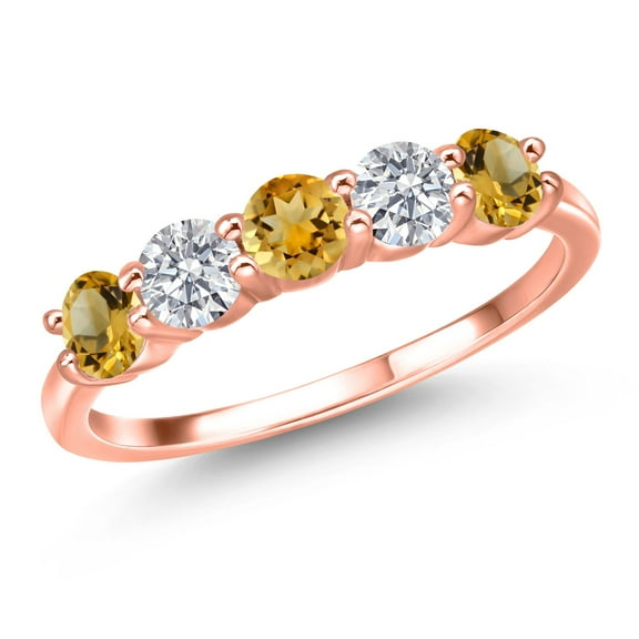 Gem Stone King 18K Rose Gold Plated Silver Yellow Citrine and E - F Lab Grown Diamond Wedding-Bands Ring for Women | 1.31 Cttw | Round 4MM | Gemstone November Birthstone | Size 9