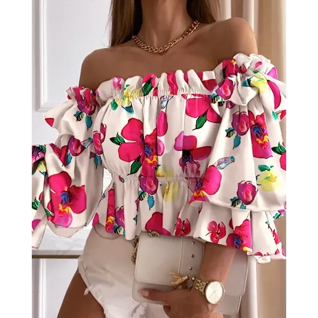 2024 Spring Chiffon Women‘s Blouses Off The Shoulder Ruffle Elegant White Shirts Female Spring Elegant Fashion Office Ladies