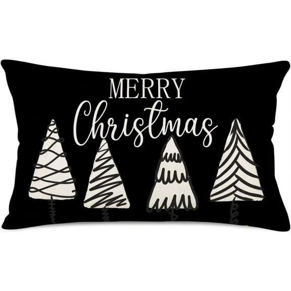 Merry Christmas Tree Throw Lumbar Pillow Covers 12x20 Inch Black White Farmhouse Christmas Snow Pillow Cases Winter Holiday Outdoor Home Decor Cushion Cover for Couch, Cotton Linen