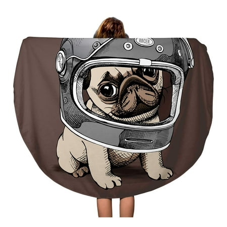 KDAGR 60 inch Round Beach Towel Blanket Brown Dog Puppy Pug in Racer Helmet Biker Moto Travel Circle Circular Towels Mat Tapestry Beach Throw