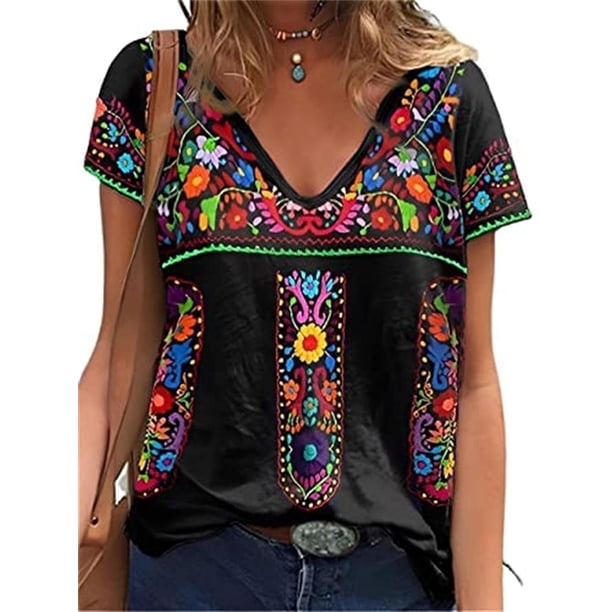 Apvirdy - Camisas Mexicanas con Cuello en V para Mujer, Manga Corta, Bordadas con Flores, Estilo Étnico Suelto Campesino
