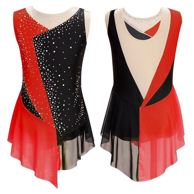 Alvivi Girls Kids Sparkly Rhinestone Gymnastic Dance Dress Ice Skating Competition Leotard Red 10