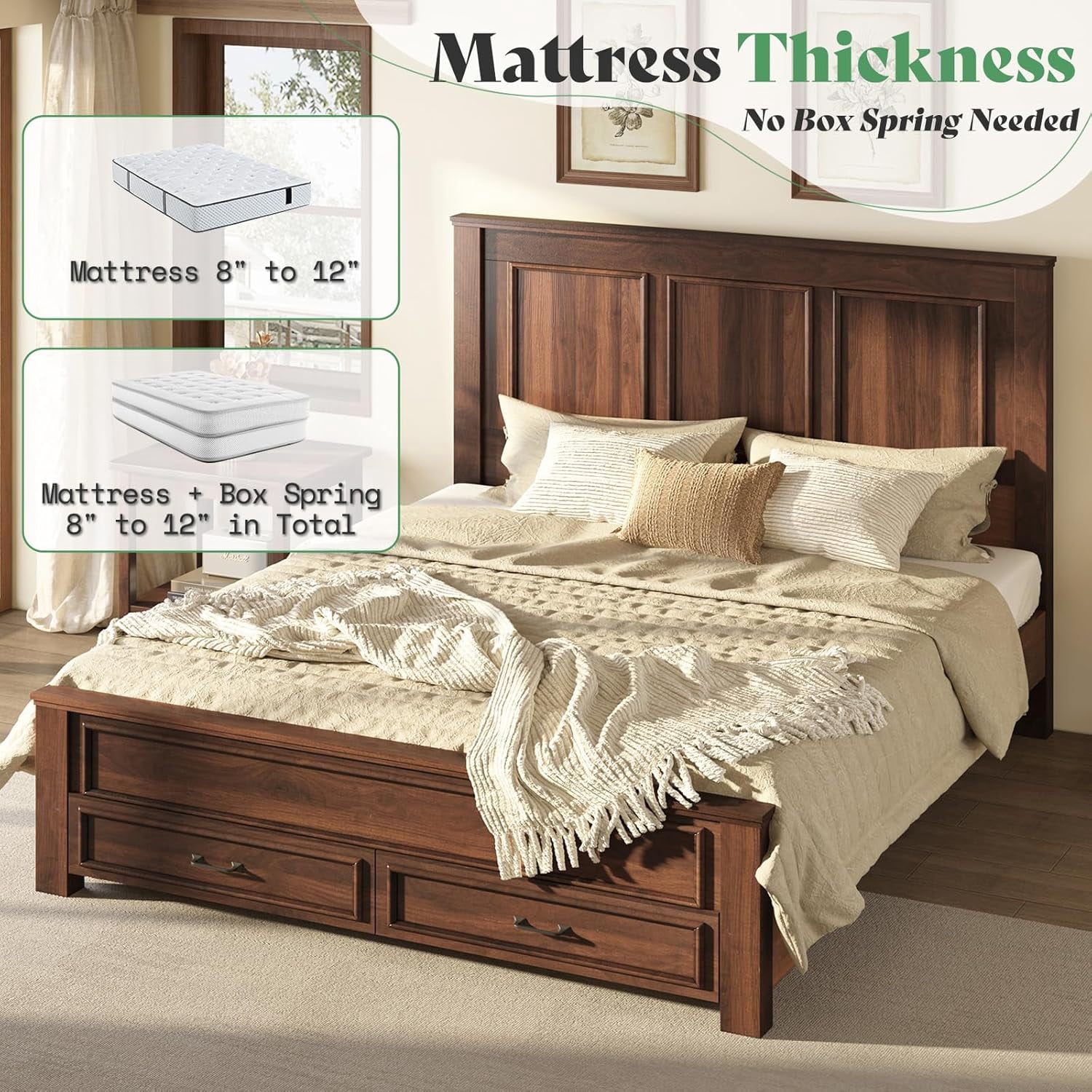 Merluxy Queen Size Farmhouse Bed Frame with 52.2" Wood Headboard & Storage Drawers, Rustic Brown