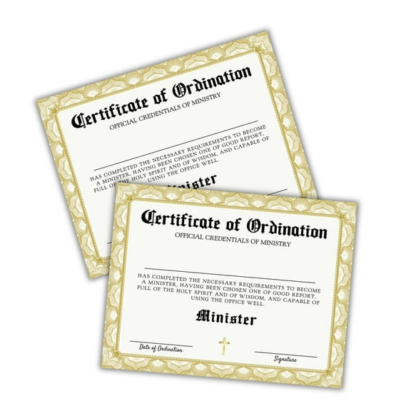 Certificate of Ordination for Minister 30pk 8.5x11 Gold and Black Font Ministry Recognition Online Church Catholic Christian Deacons to Frame New Member