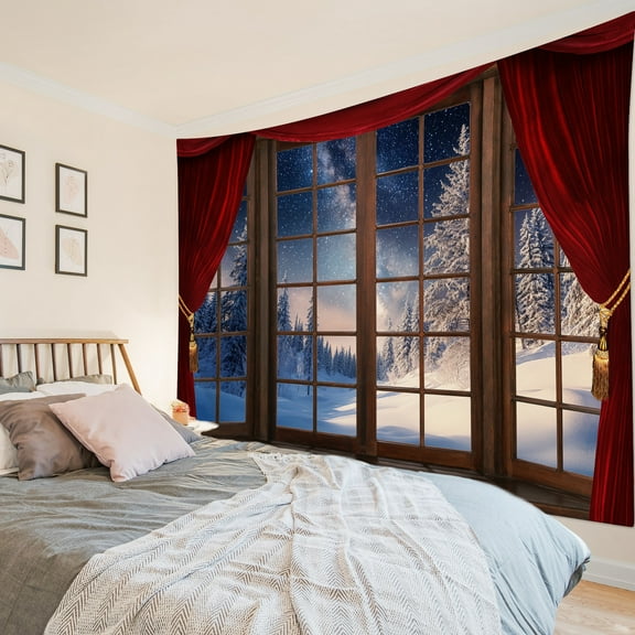 HVEST Christmas Winter Forest Tapestry Wall Hanging Snow Pine Tree Forest Outside Window Wall Tapestry for Bedroom Vintage Winter Tapestry for Living Room College Dorm Home Decor,92.5x70.9 inch