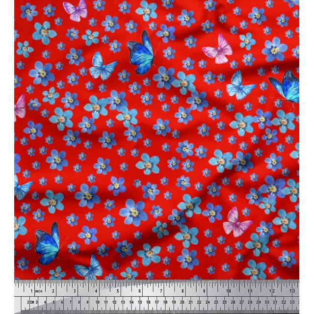Soimoi Moss Georgette Fabric Butterfly & Flower Print Fabric by the Yard 42 Inch Wide