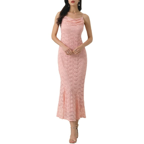 INSPIRE CHIC Women's Dress Floral Lace Square Neck Spaghetti Strap Bodycon Cocktail Maxi Dress XL Pink