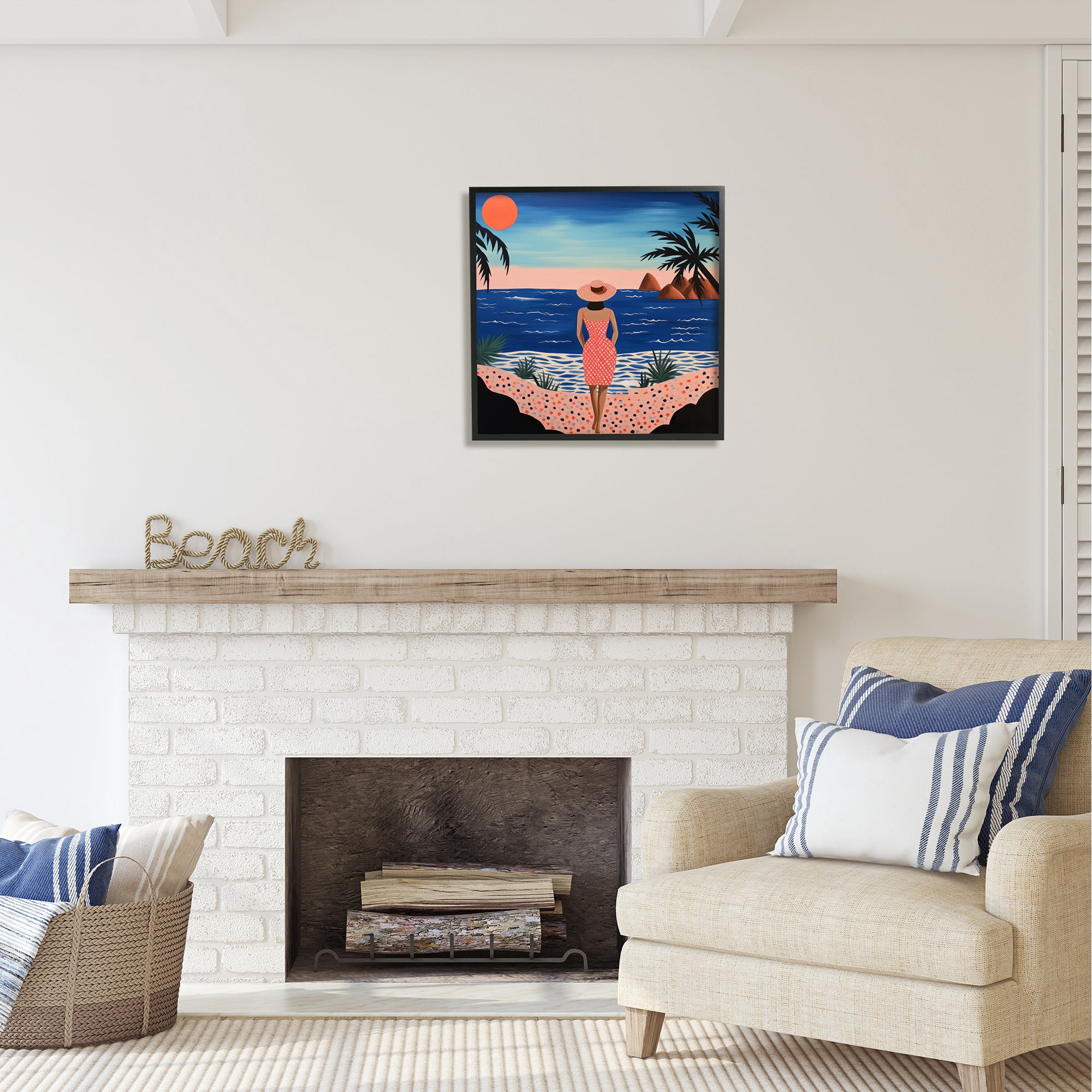Stupell Industries Girl on Sunset Beach Landscape Painting Black Framed Art Print Wall Art, 24 x 24