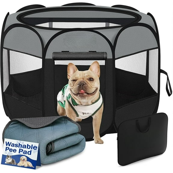 Dog Cat Playpen Indoor Outdoor for Puppy Pet Dogs Cat Travel and Recovery After Surgery, Dog Enclosure Tent Crates Cage, Portable Pop Up Dogs Kennel with Carrying Case(Grey, Small with Pad)
