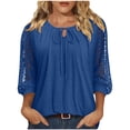 thumbnail image 2 of Yrmaups Loose Fit 3/4 Sleeve Blouse for Women, Casual Lace Tie Front Top, Soft Stretch Tee for Party Office Travel Everyday Wear, Blue L, 2 of 6