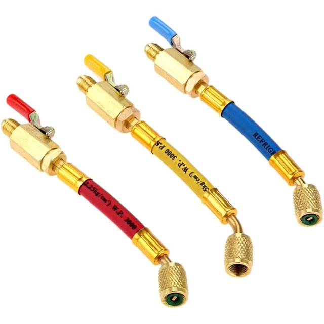 R134A R410A R22 R12 Tuyaux de Charge A/C et Ensemble de Valve à Bille, Tuyaux de Valve à Bille HVAC Filetage 1/4 Pouces SAE, pour Manomètre de Climatisation Ensemble de Tuyaux 1/4 Pouces 7 Pouces Rouge/jaune/bleu (Lot de 3)