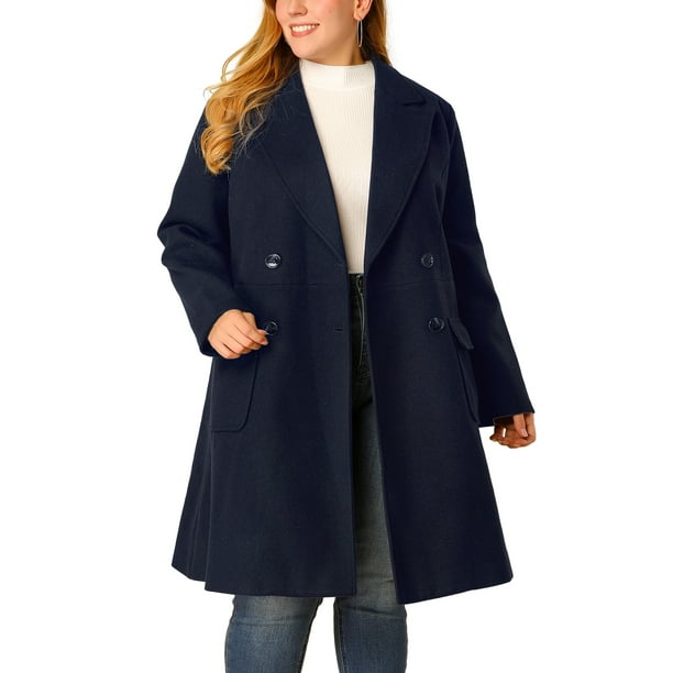 Abrigos largos de invierno para mujeres en tallas grandes, con solapa de muesca, de doble botonadura, tipo trench, 2X, azul marino