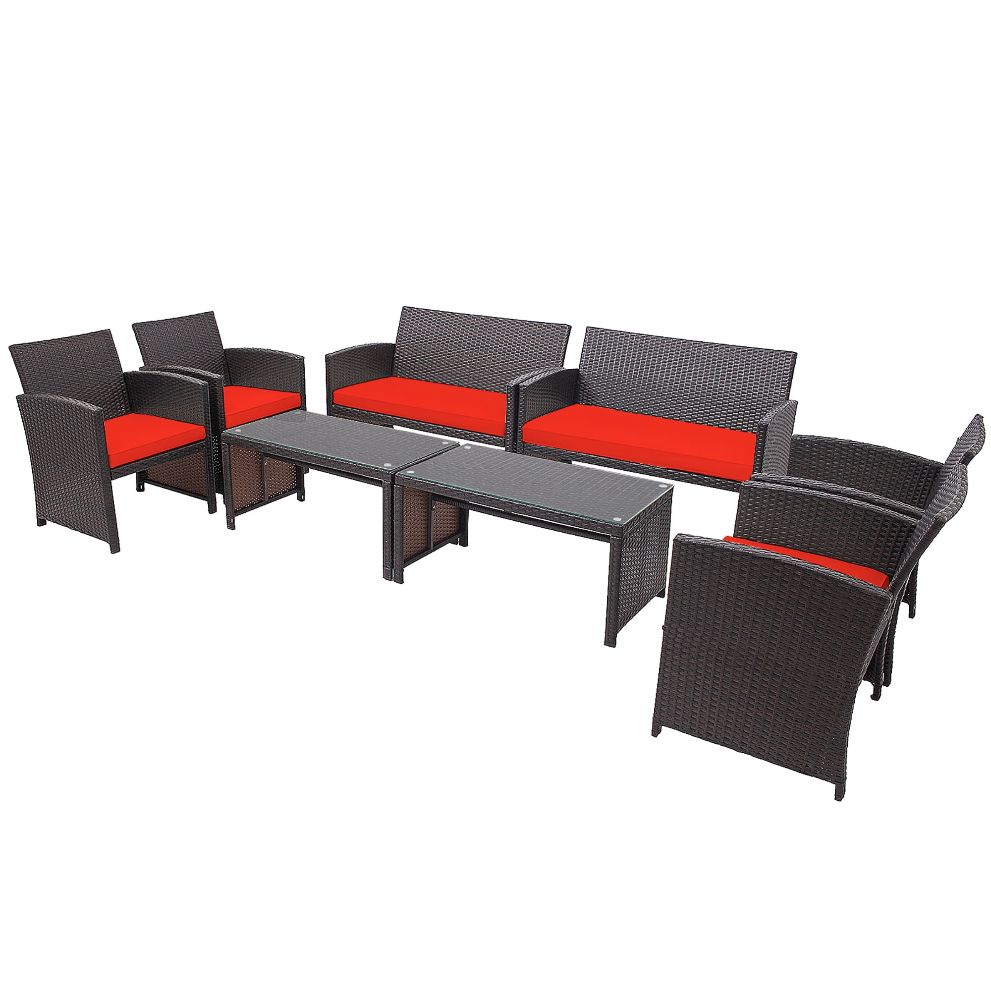 Costway 8PCS Patio Rattan Furniture Set Cushioned Chair Sofa Coffee Table Red