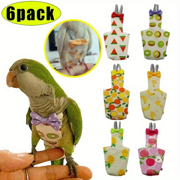 Parrot Diapers 6-Pack Washable, Reusable Bird Nappies for Small Pets, Waterproof Flight Suits for Budgies, Parakeets and Cockatiels