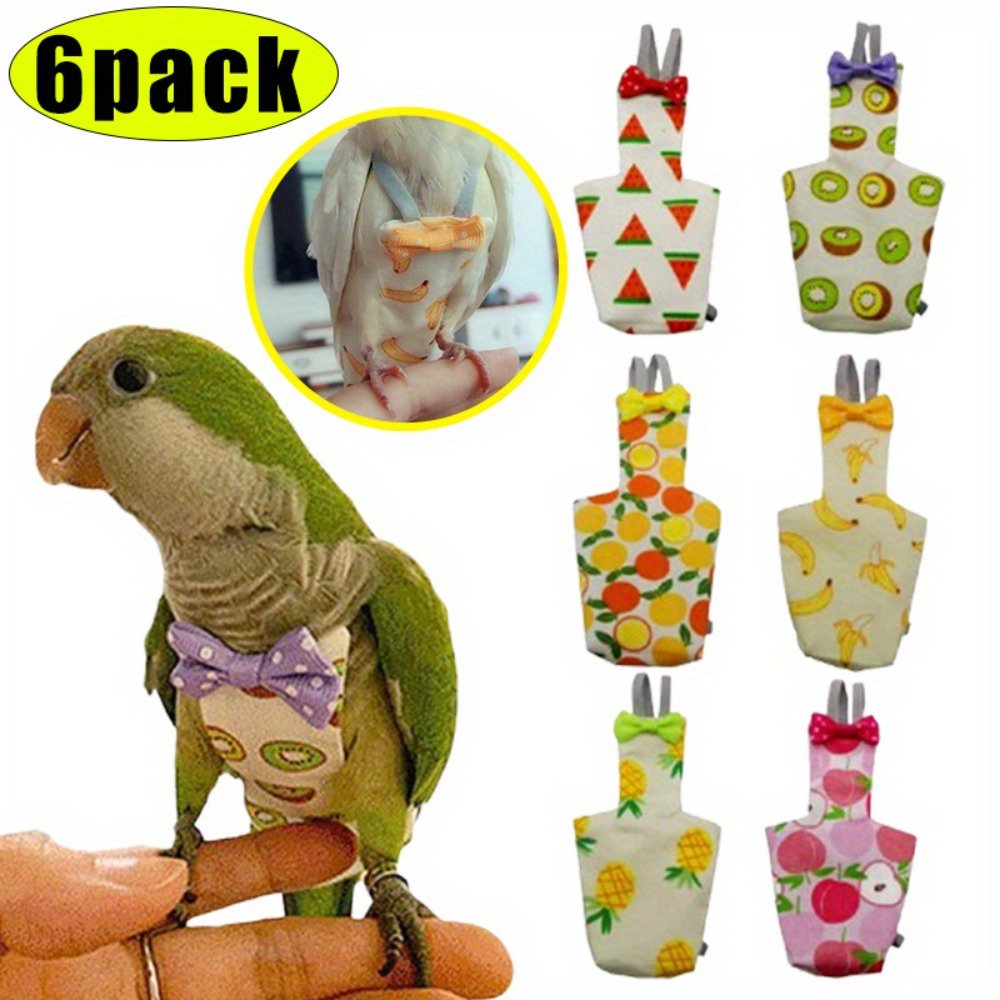Parrot Diapers 6-Pack Washable, Reusable Bird Nappies for Small Pets, Waterproof Flight Suits for Budgies, Parakeets and Cockatiels
