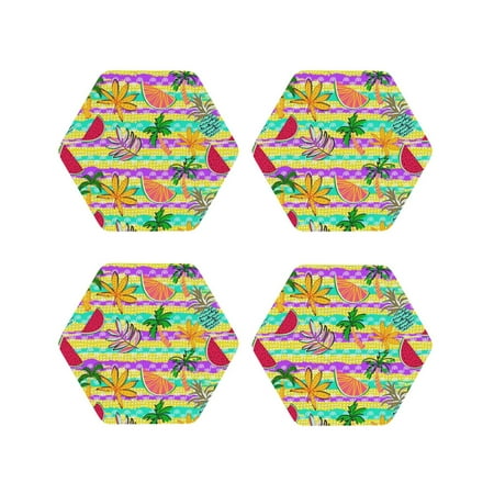 

Fuzoiu Multicolored Tropical Print Leather Coasters Set Drink Coasters Set of 4 for Tabletop Protection Durable PVC Coasters Home Décor and Housewarming Gift-Hexagon