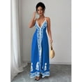 thumbnail image 5 of Royal Blue Floral Embroidered Deep V-Neck Halter Maxi Dress For Women Boho Beach Vacation Long Dress, 5 of 7