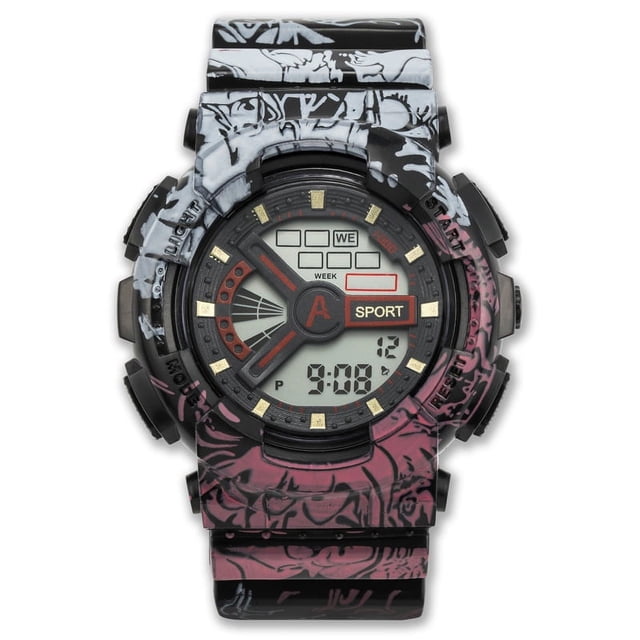 reloj electrónico deportivo cuadrado pequeño transparente para hombres y mujeres estudiantes Pomoko, vista frontal centrada de esfera digital de 43 mm con cristal de espejo orgánico, caja y correa transparentes con patrón marmoleado gris y rosa, pantalla LCD con indicador de semana, hora digital y marcador 'SPORT', botones laterales y resistencia al agua 30 m; adecuado para uso escolar y entrenamiento ligero.