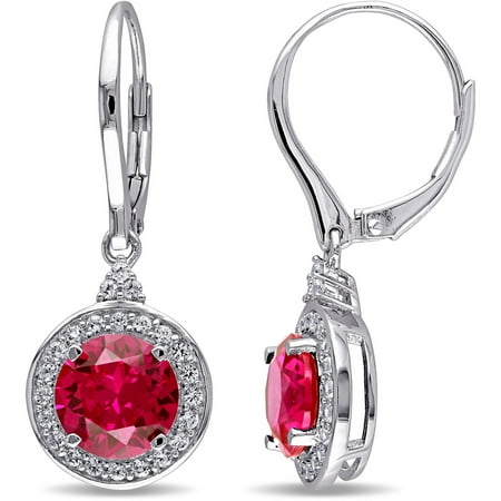 Tangelo 5-1/4 Carat T.G.W. Created Ruby and Created White Sapphire Sterling Silver Halo Leverback Earrings