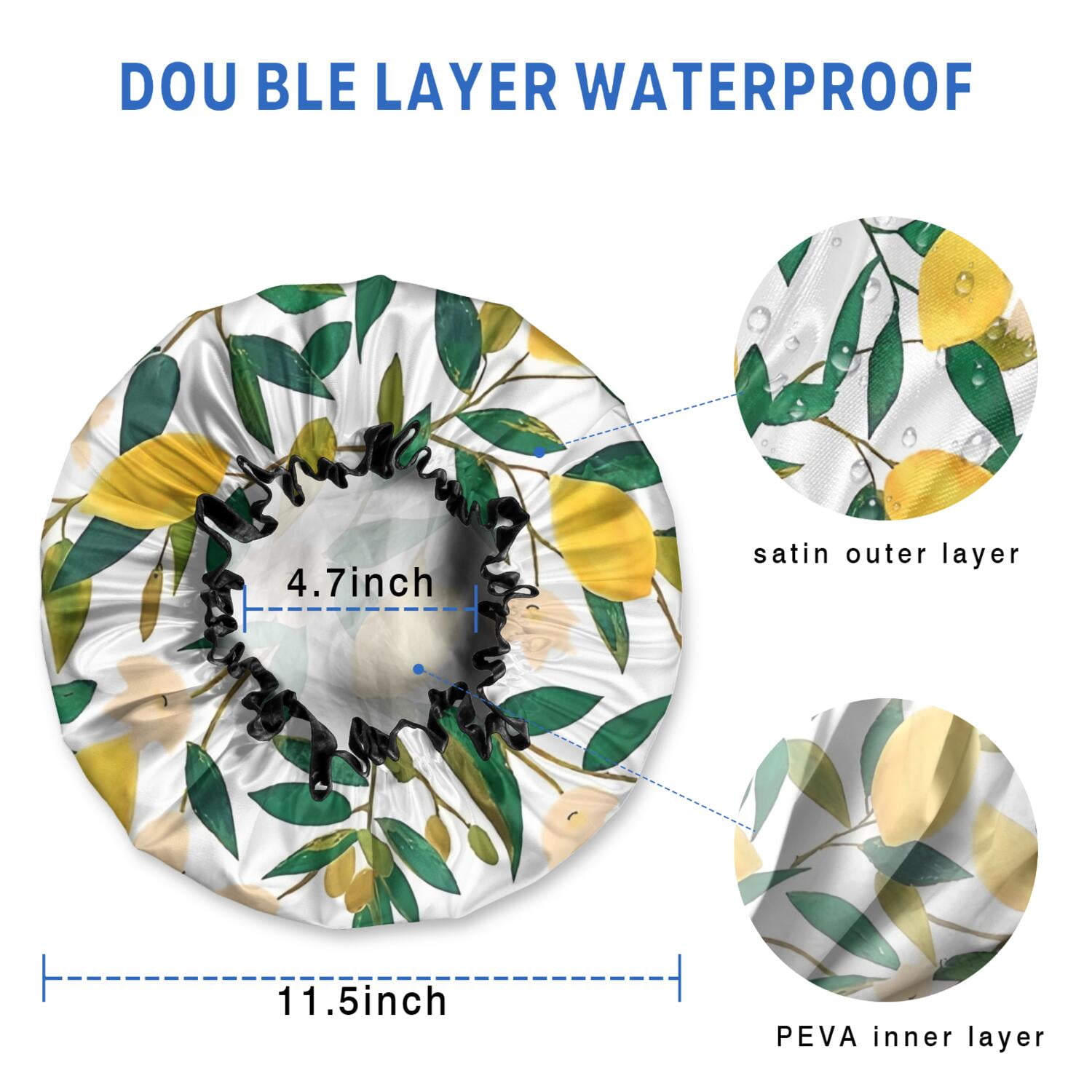 Shower Caps,Yellow Lemon Fruit Flowers White Pattern Waterproof Shower Cap for Women 4 Pieces,Double Reusable Hair Cover for Shower PEVA Elastic Stretch Hem