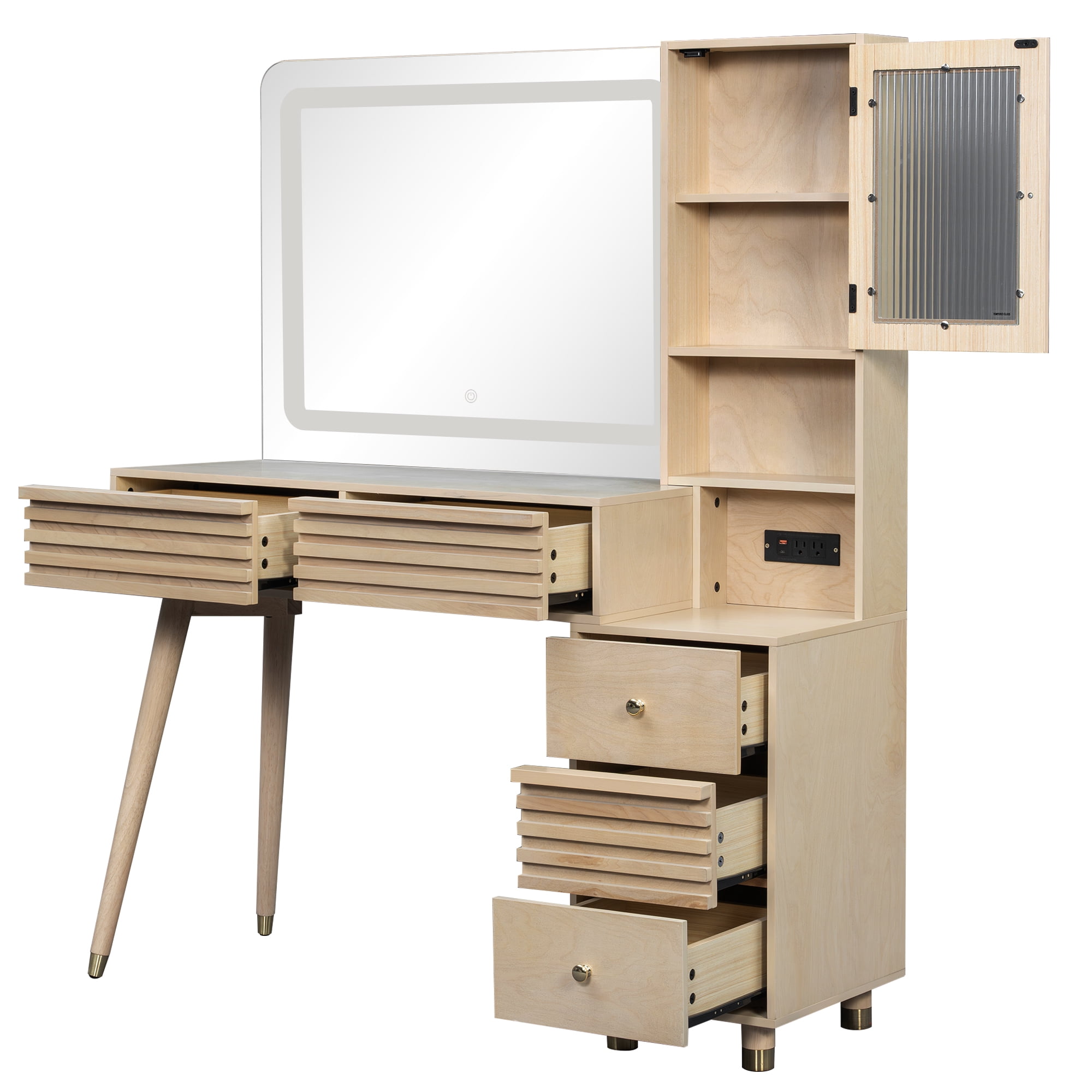 GARITIN Makeup Vanity Desk 45.9 Inch, Dressing Table with Mirror and LED Lights, 5 Drawers and Fluted Glass Storage Cabinet with Power Outlet, Natural